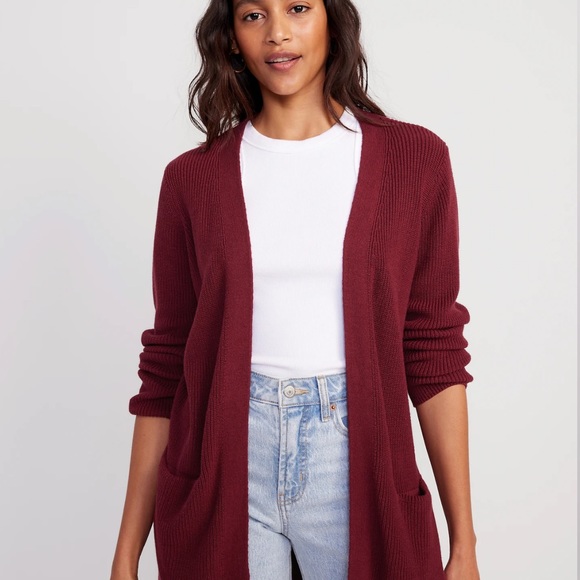 NWT OLD NAVY Textured Long-Line Open-Front Sweater Color: Red Red Wine - Picture 2 of 6